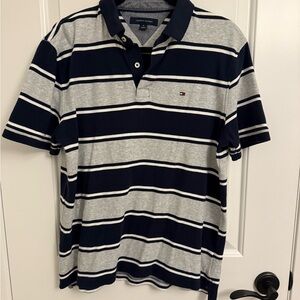 Tommy Hilfiger Men's Navy and Gray Striped Polo Shirt